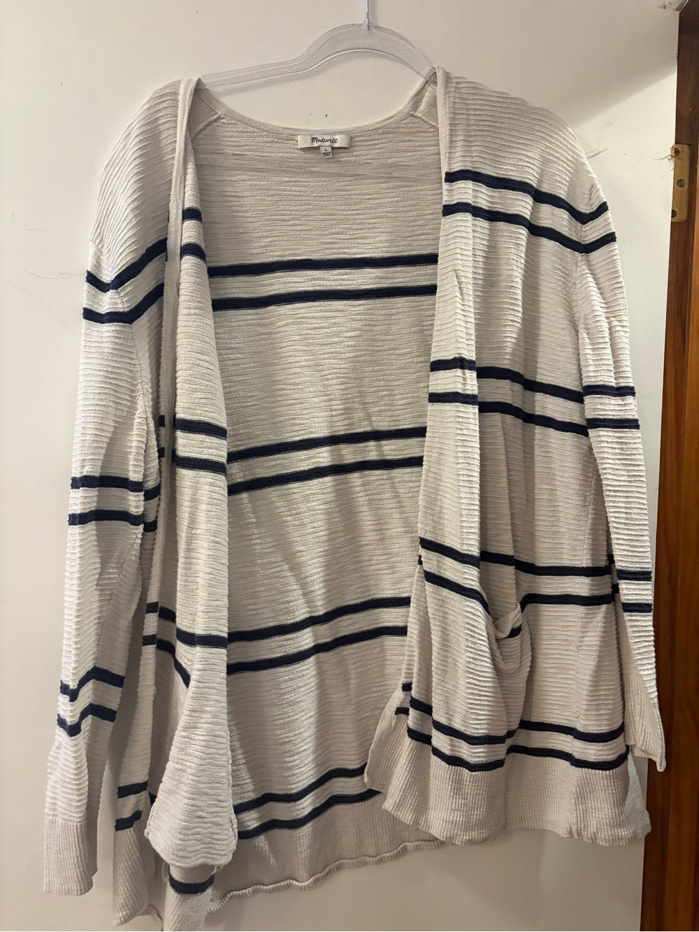 Madewell Cream Cardigan with Navy Stripe Open Front